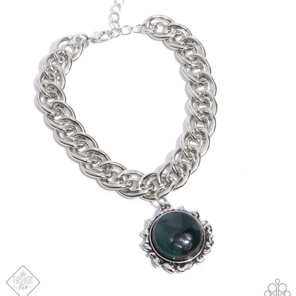 Silver Chain Necklace with Green Pendant Horoscope Haute Fashion Jewelry